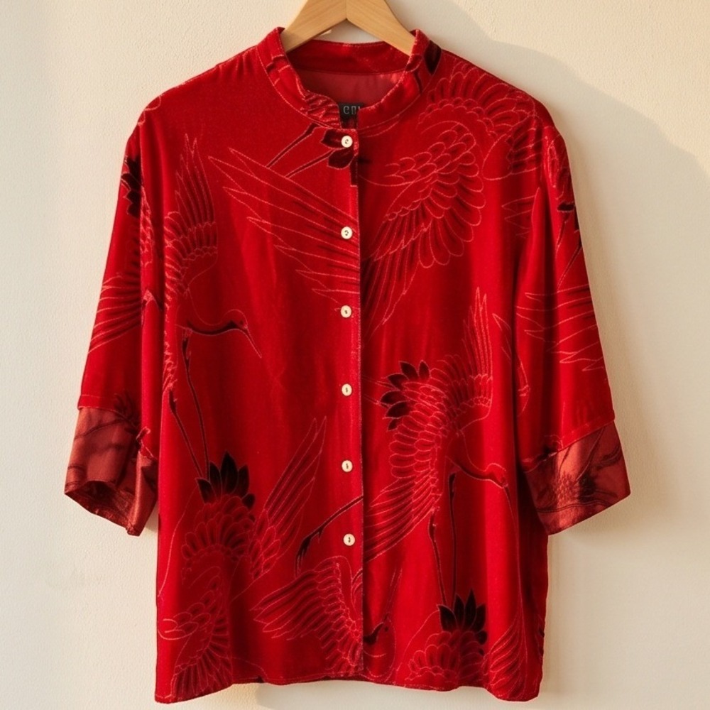 Citron Santa Monica L Y2K Vintage Red Velvet Burnout Crane Silk Blend Shacket